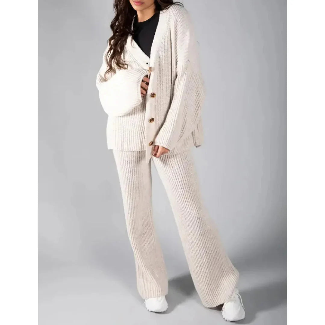 Variant image for Elegant Knitted Co Ord Set with Drop-Shoulder Cardigan and High-Waisted Wide-Leg Pants – Soft Ribbed Loungewear-25