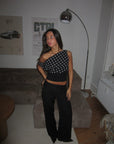 Lightweight Women's Blouse – White Polka Dot Top with Ribbed Bottom, Perfect for Summer and Long Sleeve Styling