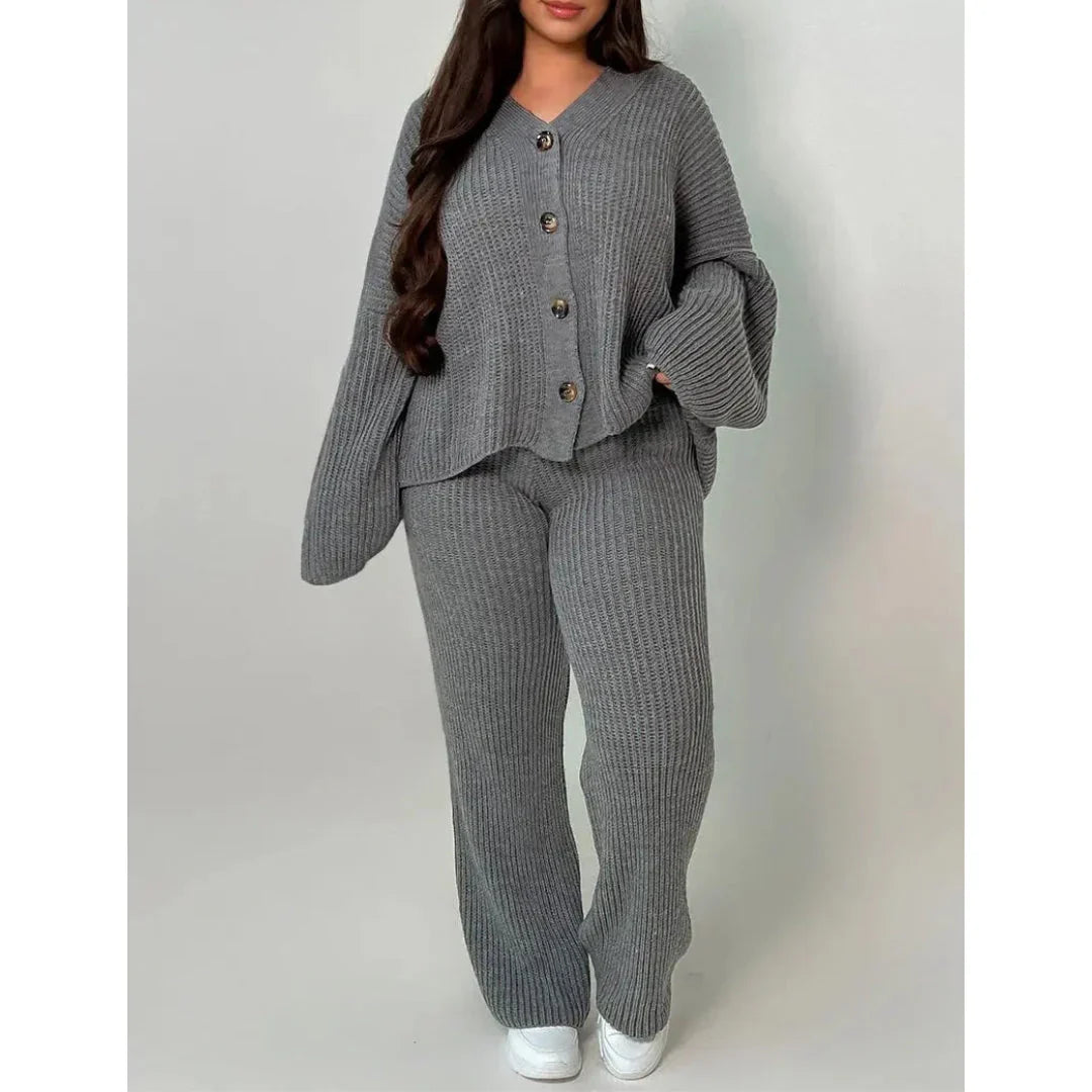 Variant image for Elegant Knitted Co Ord Set with Drop-Shoulder Cardigan and High-Waisted Wide-Leg Pants – Soft Ribbed Loungewear-21