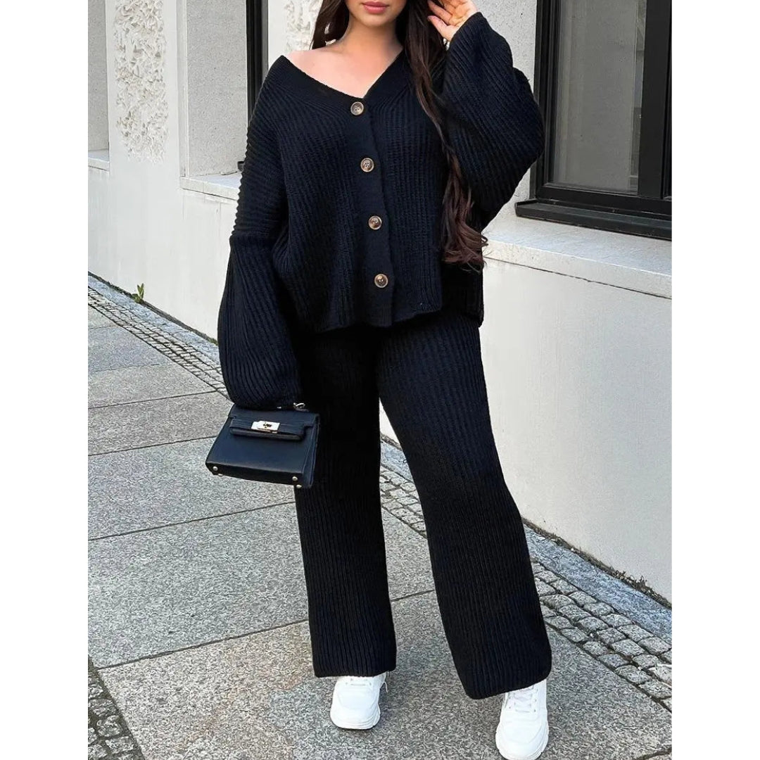 Variant image for Elegant Knitted Co Ord Set with Drop-Shoulder Cardigan and High-Waisted Wide-Leg Pants – Soft Ribbed Loungewear-1