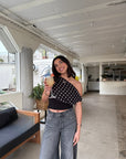 Lightweight Women's Blouse – White Polka Dot Top with Ribbed Bottom, Perfect for Summer and Long Sleeve Styling