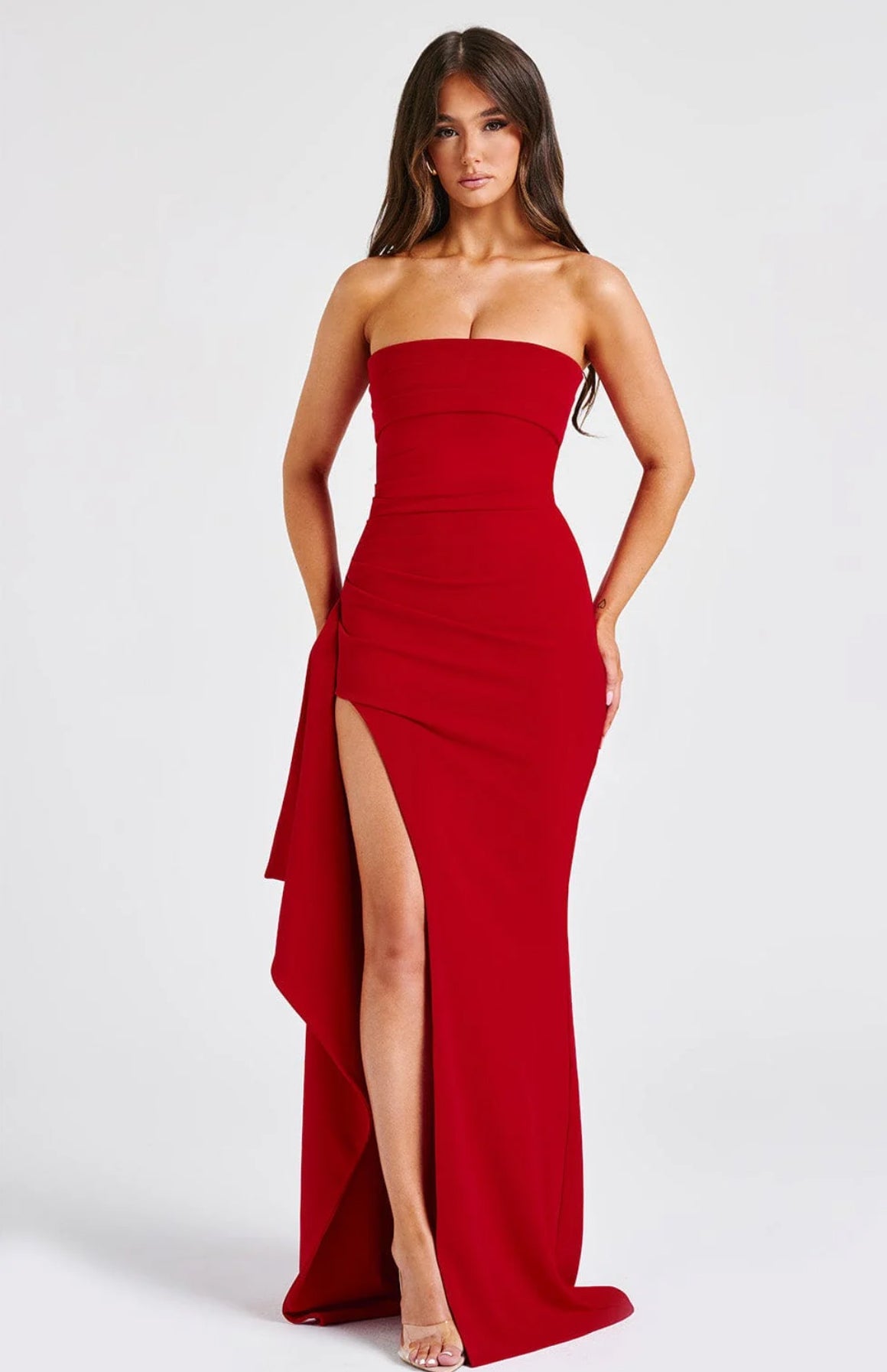 Variant image for Strapless White Maxi Dress with High Slit – Elegant Long Dress in Double Stretch Crepe for Women-7