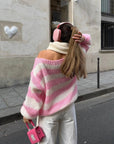 Stylish Women's Oversized Striped Sweater with Bateau Neckline – Soft Polyester and Spandex Blend, Loose Fit