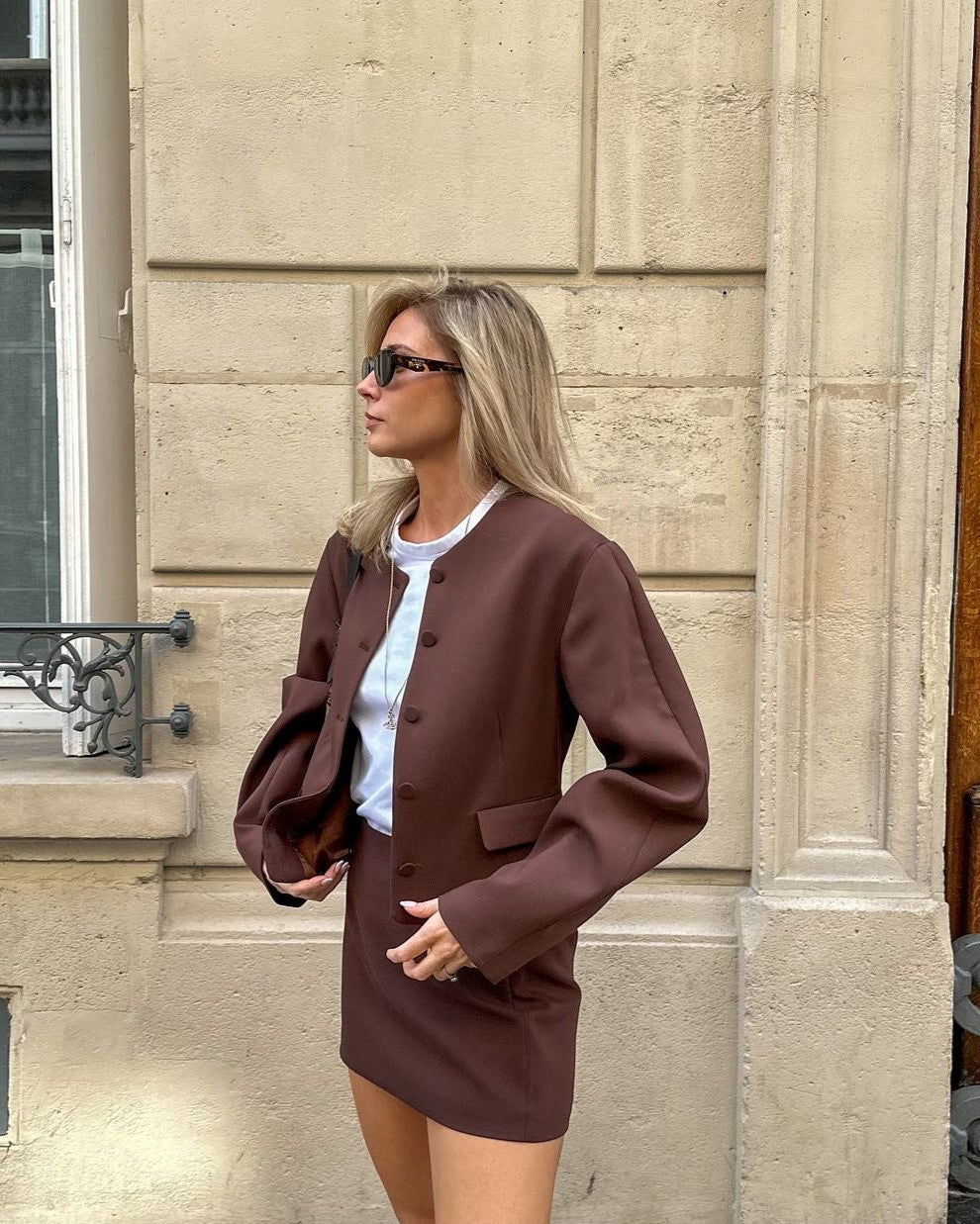 Variant image for Elegant Mocha Mousse Two Piece Skirt Set for Women with Button Details – Chic Matching Outfit Set-1