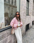 Pink Patchwork Quilted Women's Jacket – Stylish Warm Outerwear for Spring and Fall, Relaxed Fit, Machine Washable