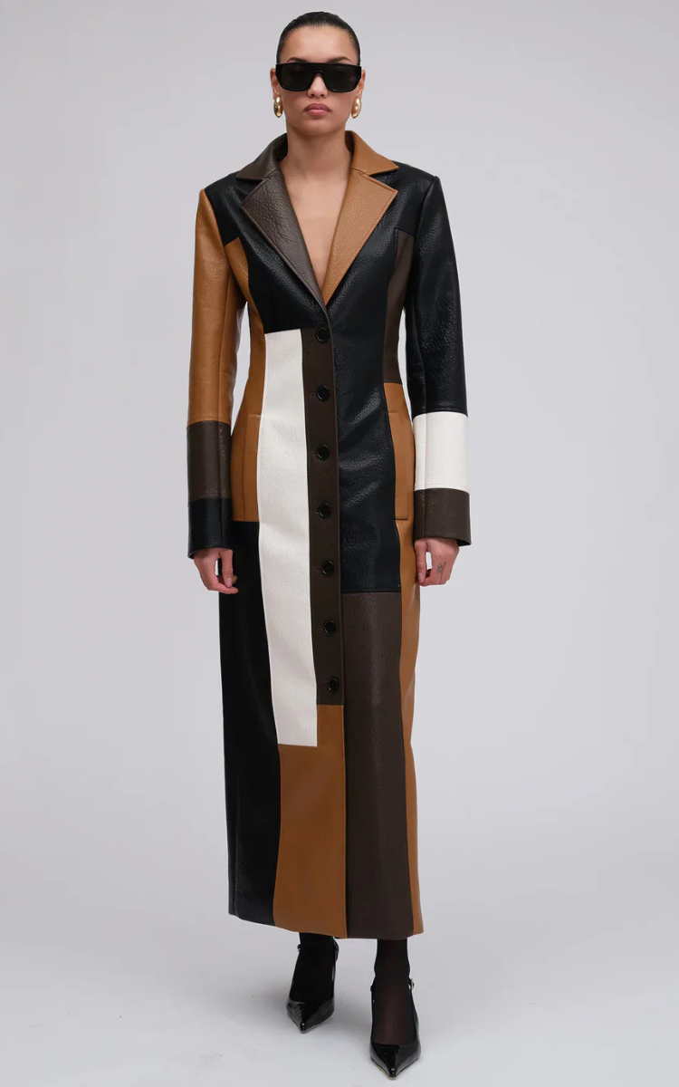 Variant image for Mosaic Pattern Vegan Leather Trench Coat for Women – Elegant Multi-Colored Outerwear with Figure-Sewn Fit-1
