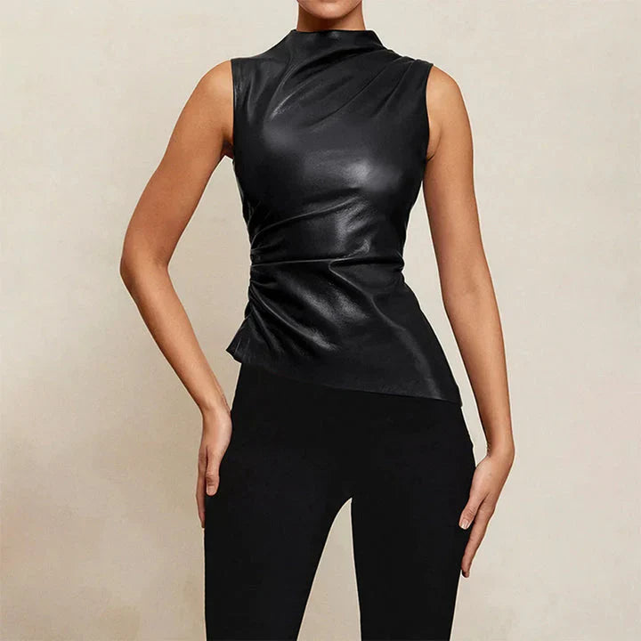 Variant image for Sculpted Artificial Leather Women's Top – High Neckline Asymmetrical Cut Going Out Top for Elegant Fashion-7