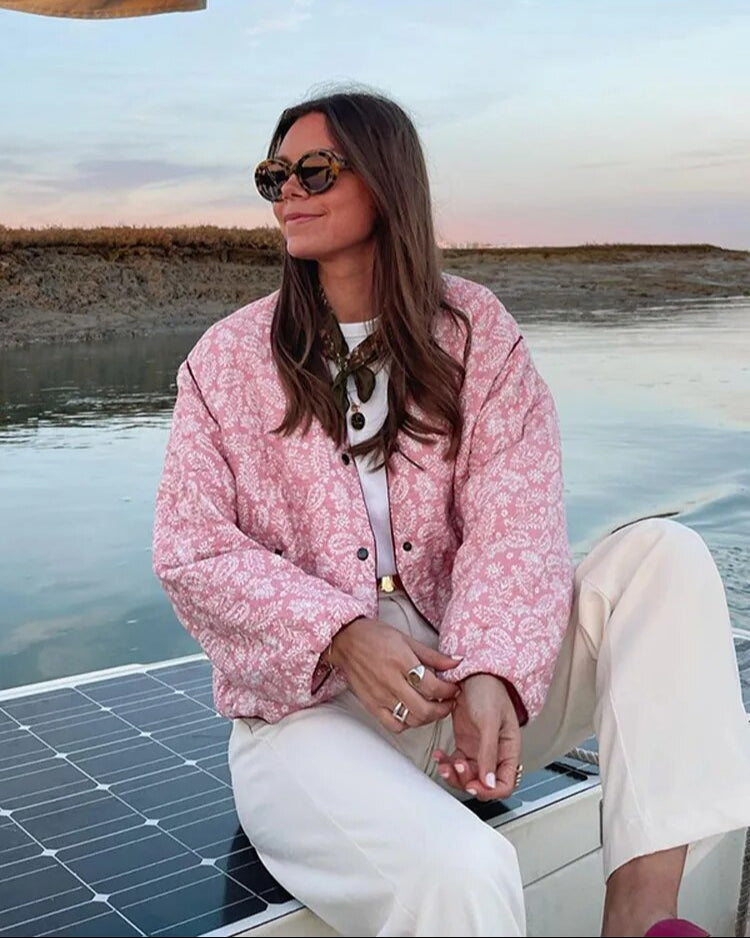 Variant image for Pink Patchwork Quilted Women's Jacket – Stylish Warm Outerwear for Spring and Fall, Relaxed Fit, Machine Washable-1