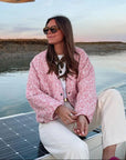 Pink Patchwork Quilted Women's Jacket – Stylish Warm Outerwear for Spring and Fall, Relaxed Fit, Machine Washable