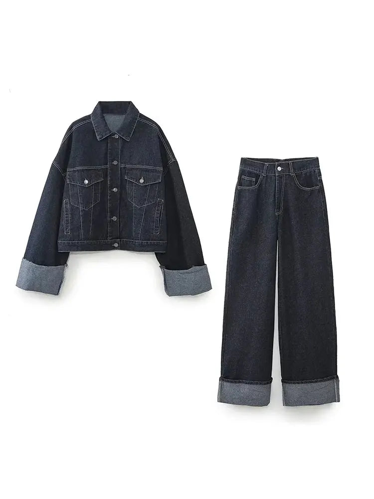 Variant image for Stylish Womens Denim Two Piece Set - Relaxed Shirt and Straight Jeans in Dark Blue Double Denim Outfit-1