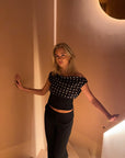 Lightweight Women's Blouse – White Polka Dot Top with Ribbed Bottom, Perfect for Summer and Long Sleeve Styling