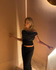 Lightweight Women's Blouse – White Polka Dot Top with Ribbed Bottom, Perfect for Summer and Long Sleeve Styling
