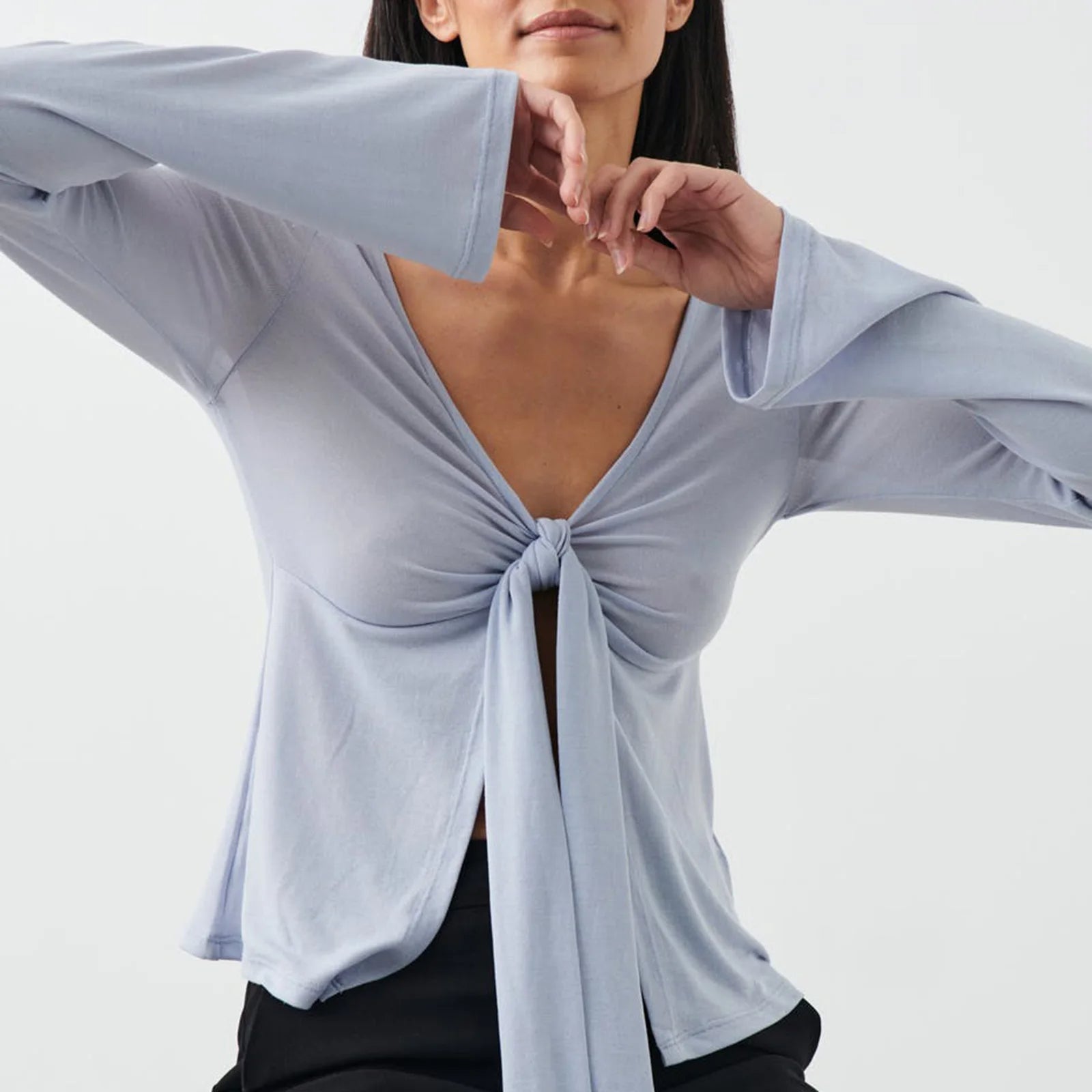 Variant image for Stylish Women's Tie Front Long Sleeve Top with V-Neck and Flared Sleeves – Chic Going Out Blouse Available in Multiple Colors-13