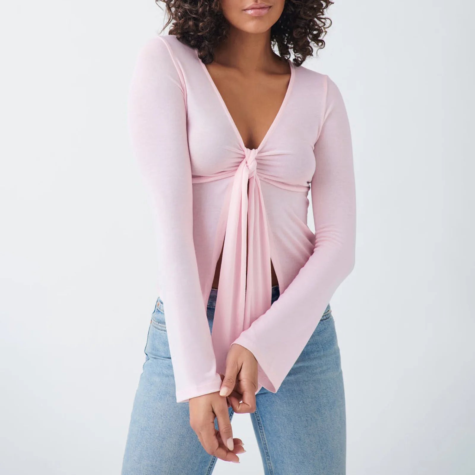 Variant image for Stylish Women's Tie Front Long Sleeve Top with V-Neck and Flared Sleeves – Chic Going Out Blouse Available in Multiple Colors-10