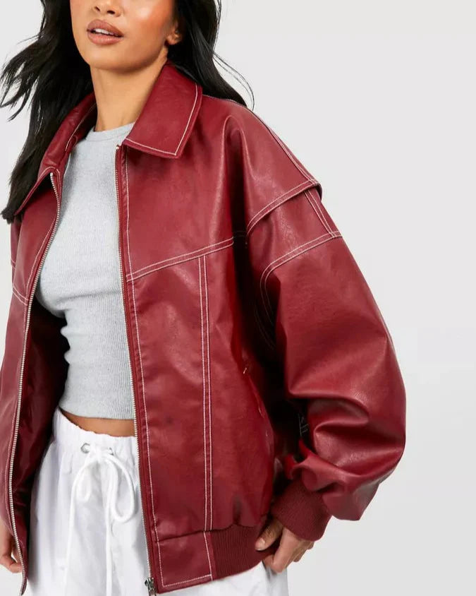 Variant image for Red Oversized Leather Jacket for Women – Trendy Statement Outerwear in High-Quality Artificial Leather-1