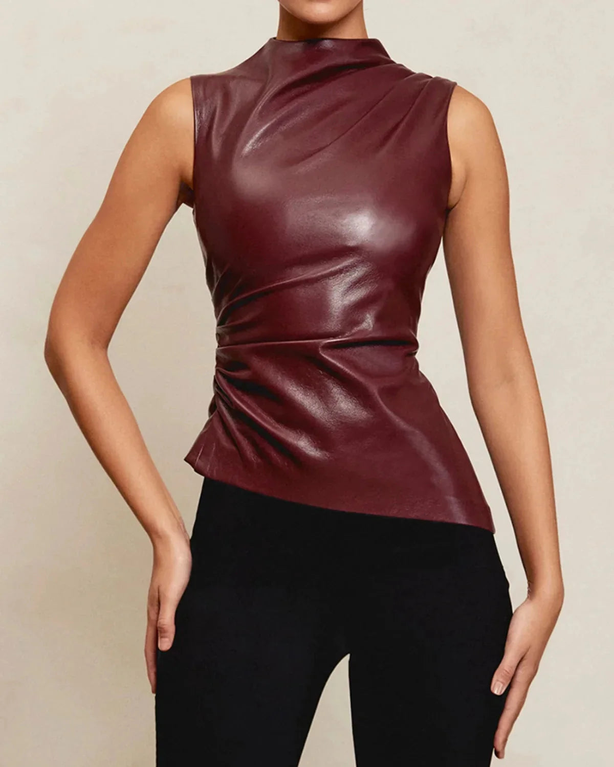 Variant image for Sculpted Artificial Leather Women's Top – High Neckline Asymmetrical Cut Going Out Top for Elegant Fashion-1