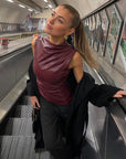 Sculpted Artificial Leather Women's Top – High Neckline Asymmetrical Cut Going Out Top for Elegant Fashion
