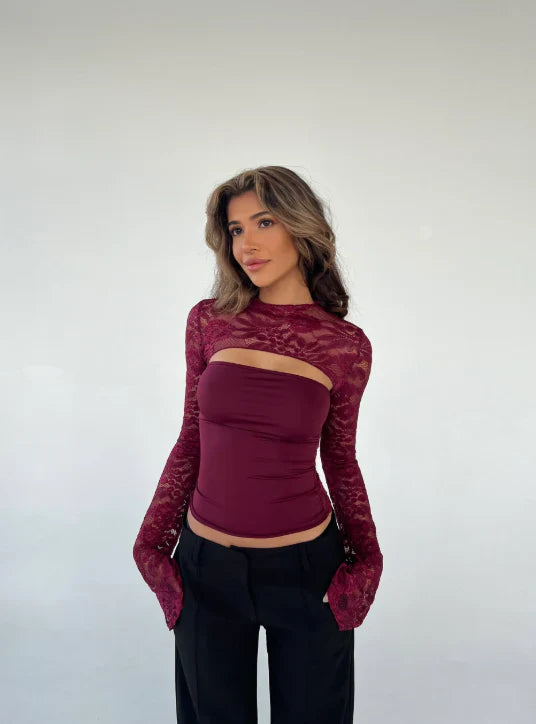Variant image for Elegant Black Lace Going Out Top with Airy Sleeves and Cut-Out Detail for Women-7