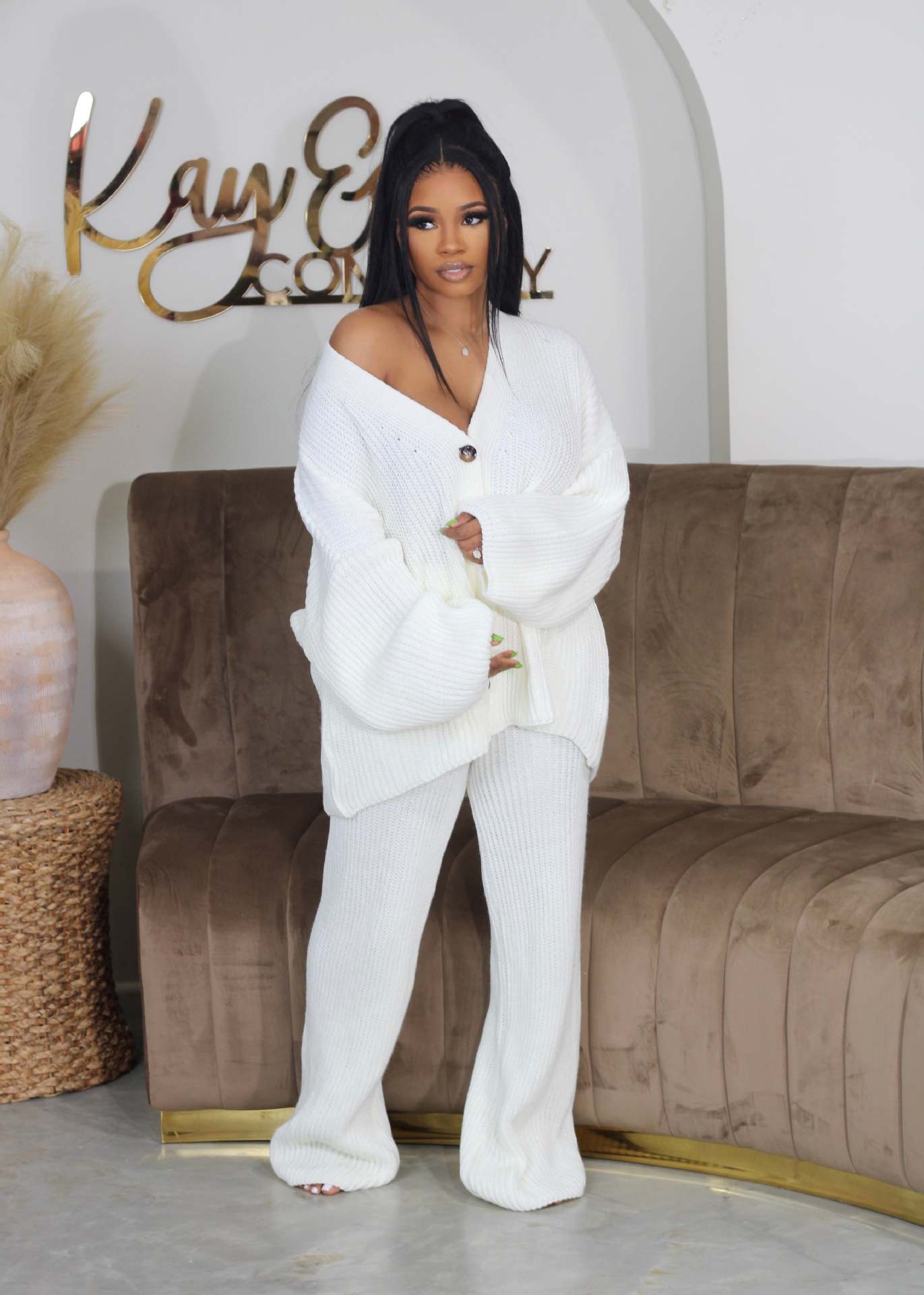 Variant image for Elegant Knitted Co Ord Set with Drop-Shoulder Cardigan and High-Waisted Wide-Leg Pants – Soft Ribbed Loungewear-5